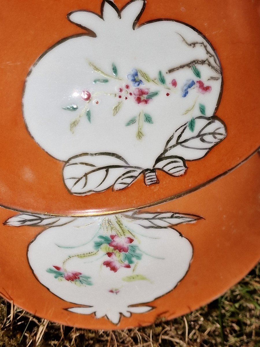 Paire de bols en porcelaine de chine fond corail et médaillons marque Hongxian chinois-photo-4