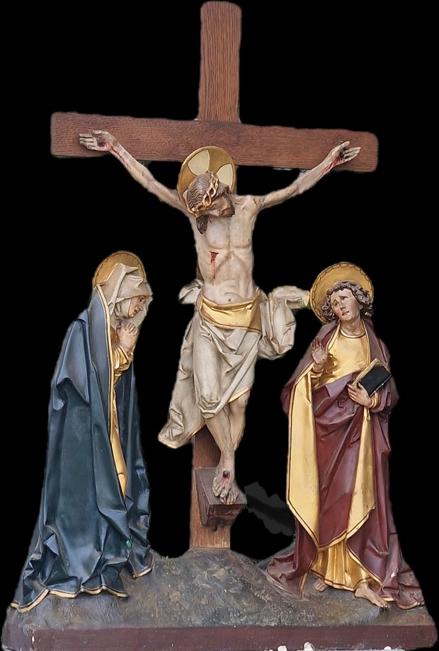 Importante statue calvaire style gothique polychrome et doré avec le christ en croix