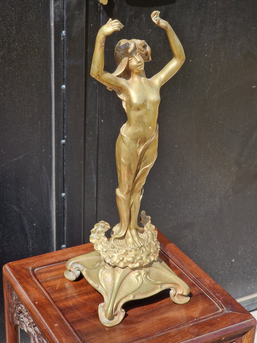 Grand pied de lampe en bronze art nouveau décor d'une nymphe nue style Raoul Larche-photo-2