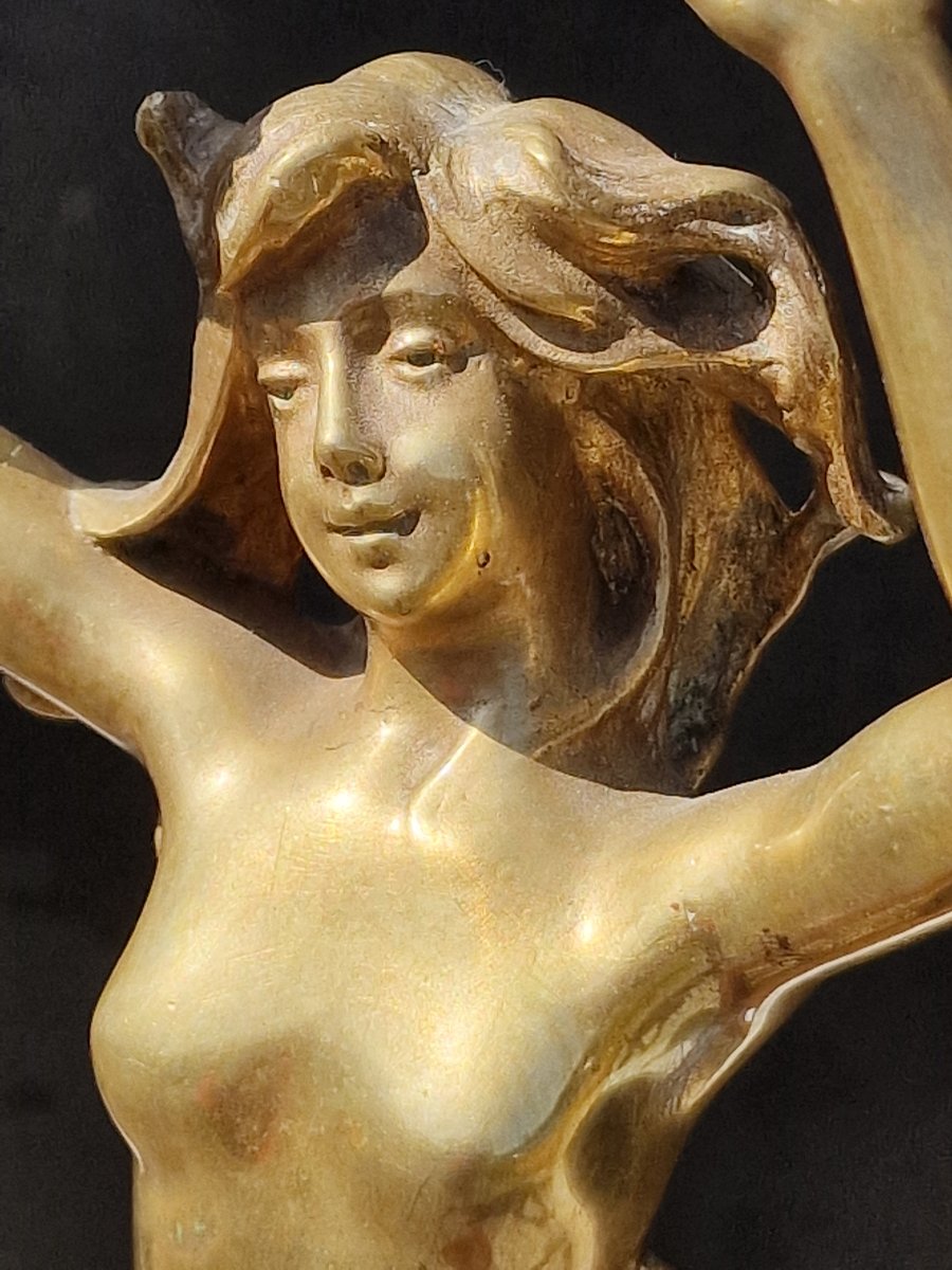 Grand pied de lampe en bronze art nouveau décor d'une nymphe nue style Raoul Larche-photo-3