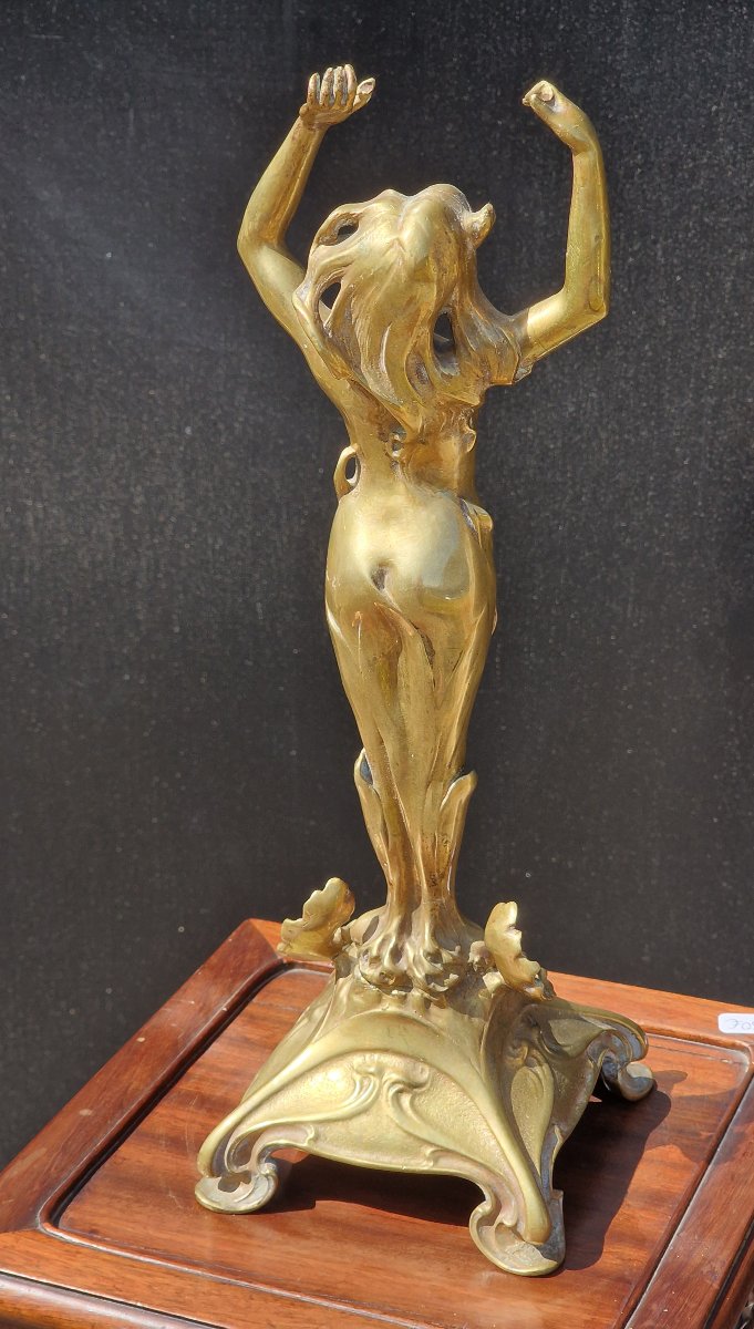 Grand pied de lampe en bronze art nouveau décor d'une nymphe nue style Raoul Larche-photo-4