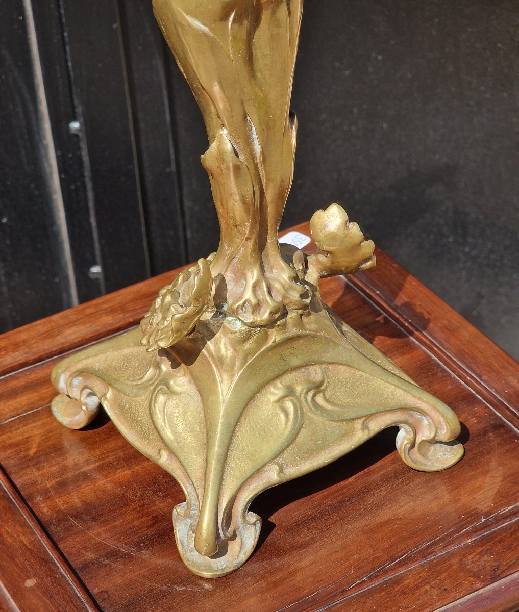 Grand pied de lampe en bronze art nouveau décor d'une nymphe nue style Raoul Larche-photo-1
