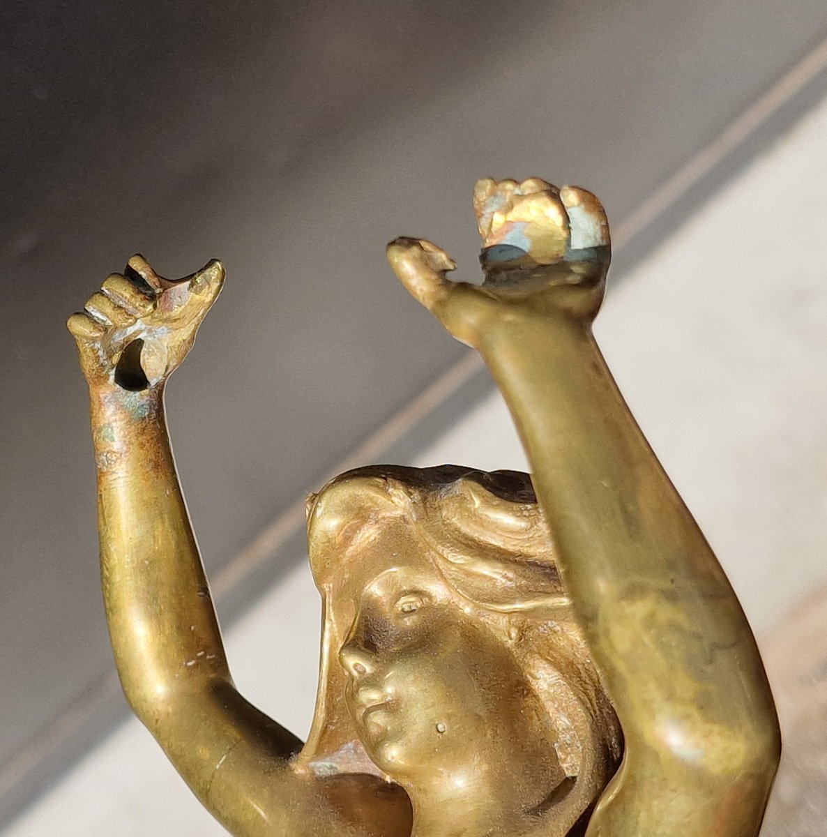 Grand pied de lampe en bronze art nouveau décor d'une nymphe nue style Raoul Larche-photo-6