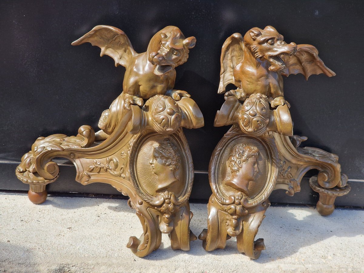 Paire de têtes de chenets et bronze à décor de dragons et profils style Louis XIV Régence-photo-2