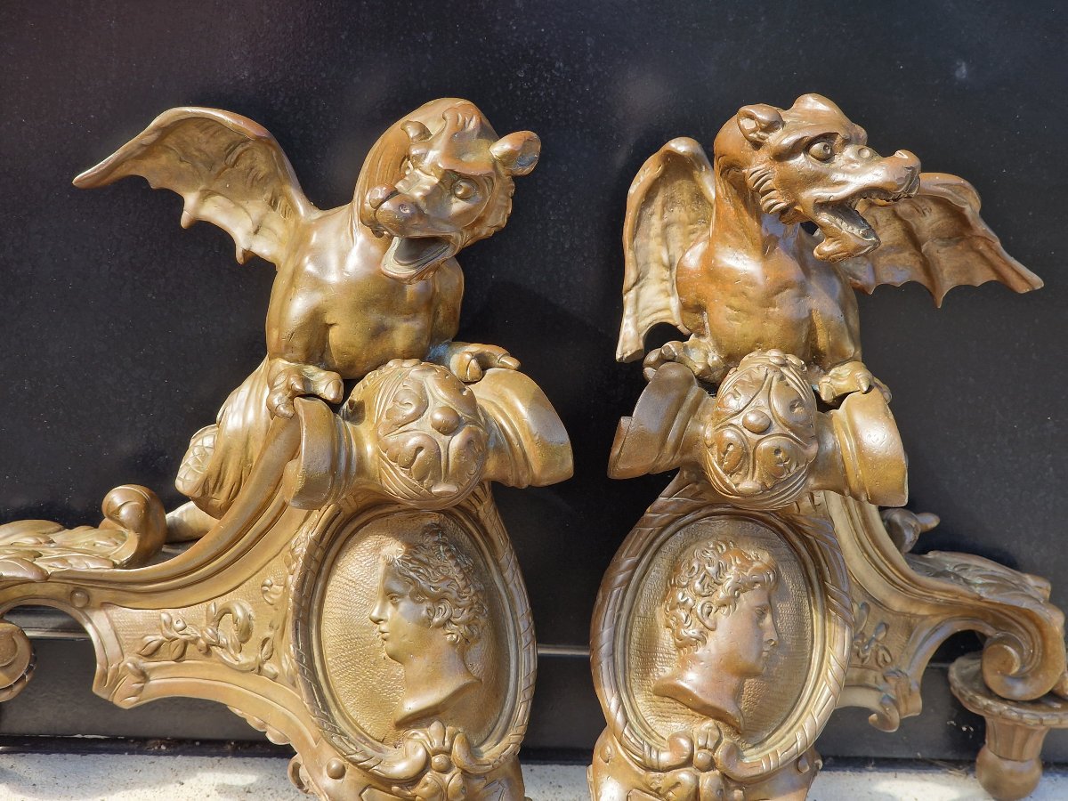 Paire de têtes de chenets et bronze à décor de dragons et profils style Louis XIV Régence-photo-3