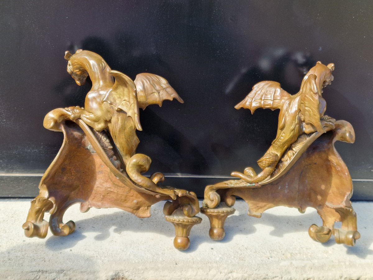 Paire de têtes de chenets et bronze à décor de dragons et profils style Louis XIV Régence-photo-3