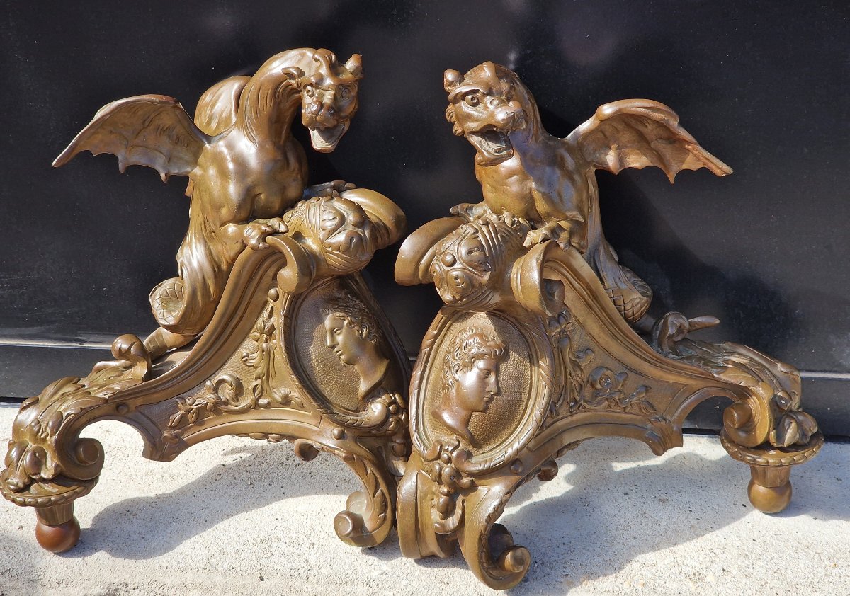 Paire de têtes de chenets et bronze à décor de dragons et profils style Louis XIV Régence