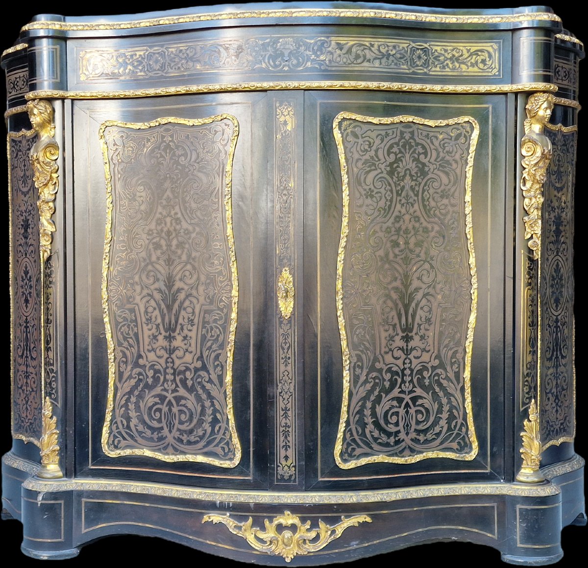 Buffet d'appui galbé en marquéterie Boulle de laiton et bois noirci bronze doré Napoléon III-photo-3