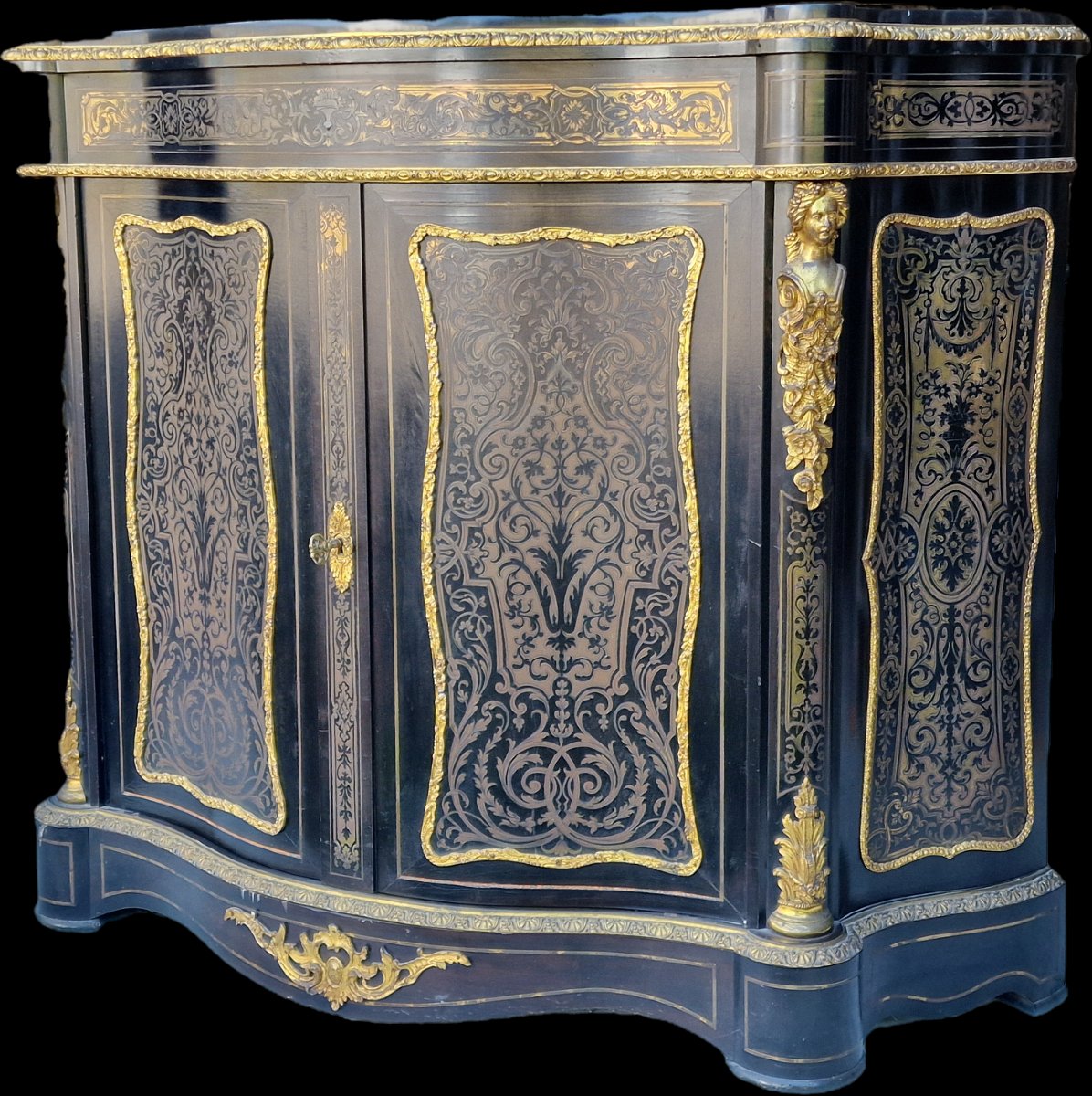 Buffet d'appui galbé en marquéterie Boulle de laiton et bois noirci bronze doré Napoléon III-photo-4