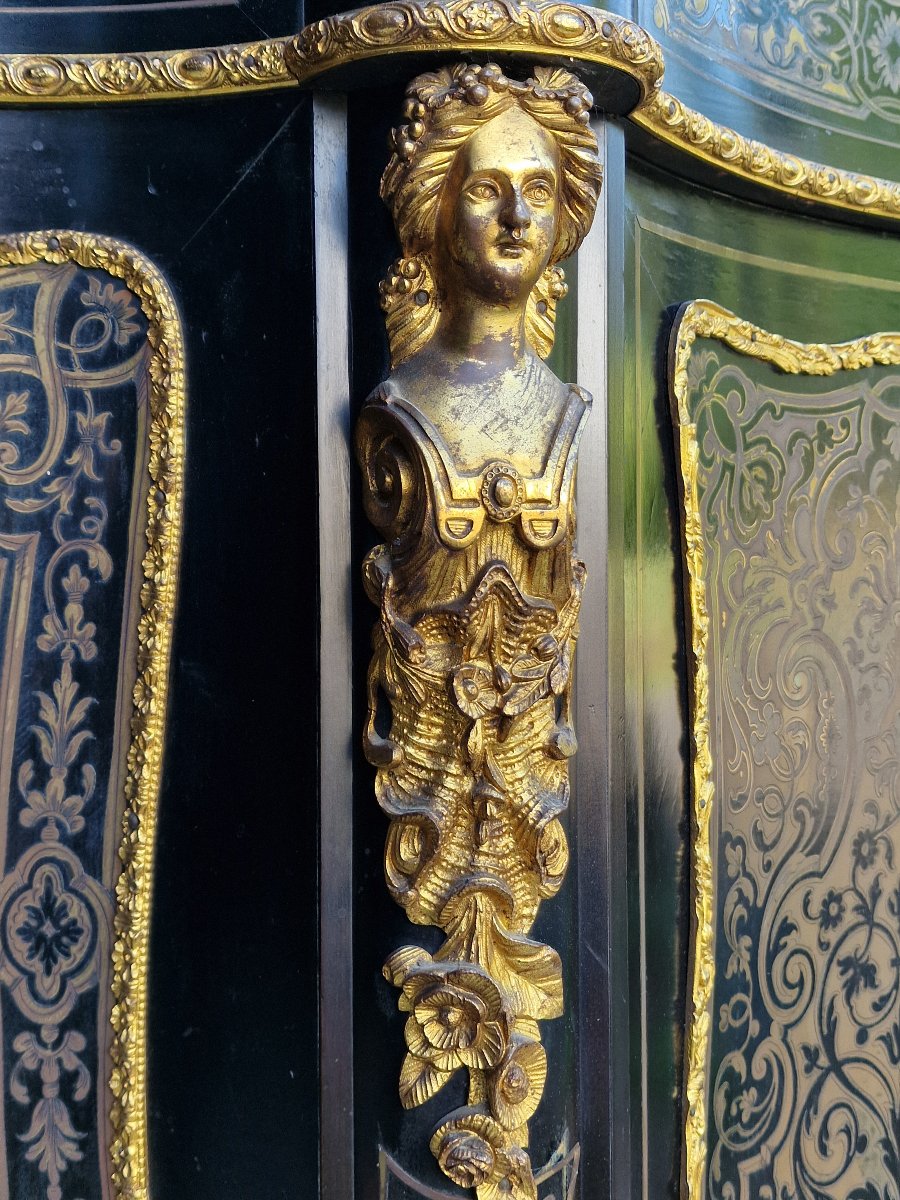 Buffet d'appui galbé en marquéterie Boulle de laiton et bois noirci bronze doré Napoléon III-photo-4
