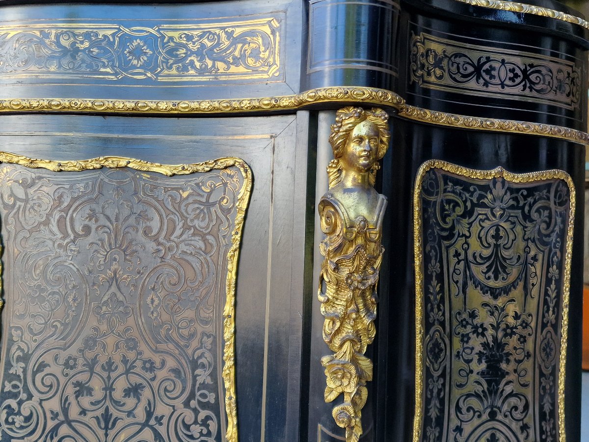 Buffet d'appui galbé en marquéterie Boulle de laiton et bois noirci bronze doré Napoléon III-photo-5