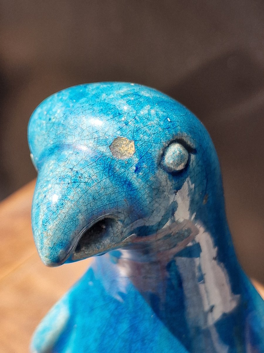 Pair Of Parrot Figurines Made Of Stoneware With A Monochrome Turquoise Glaze, Marked "china Blue"-photo-8