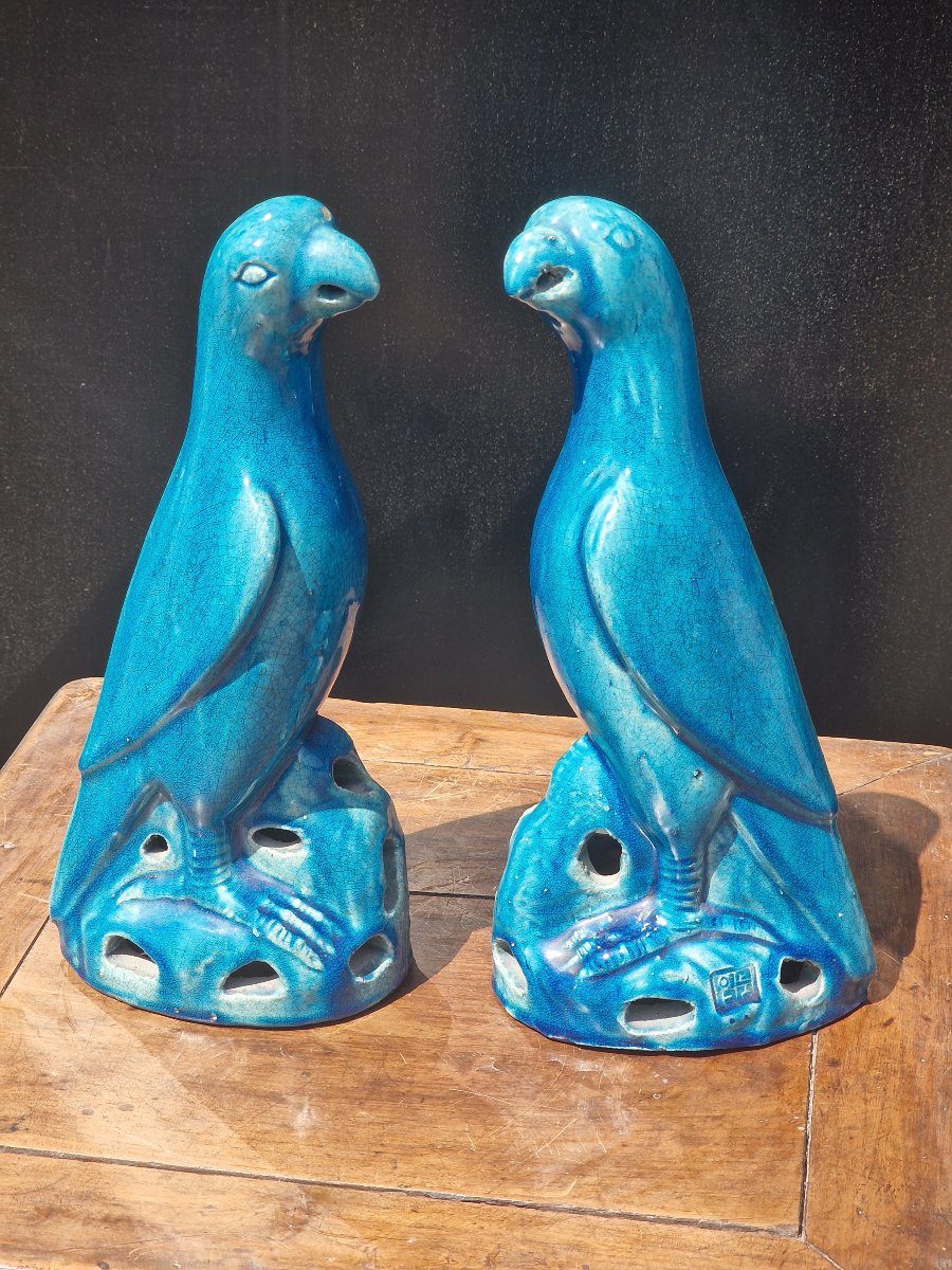Pair Of Parrot Figurines Made Of Stoneware With A Monochrome Turquoise Glaze, Marked "china Blue"