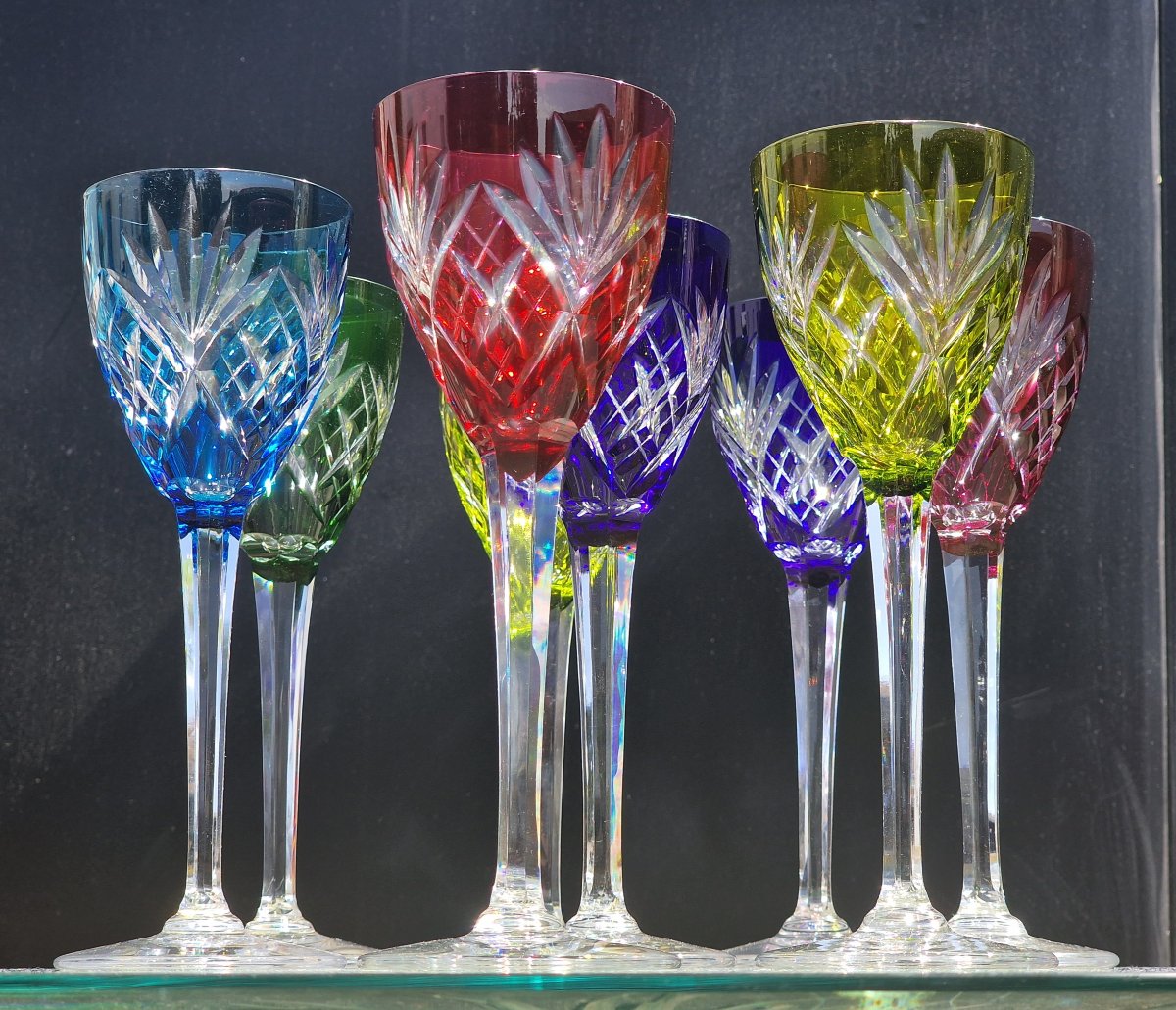 Set Of 8 Large White Wine Glasses, "chantilly" Model, Signed "cristal De Saint Louis," Baccarat-style