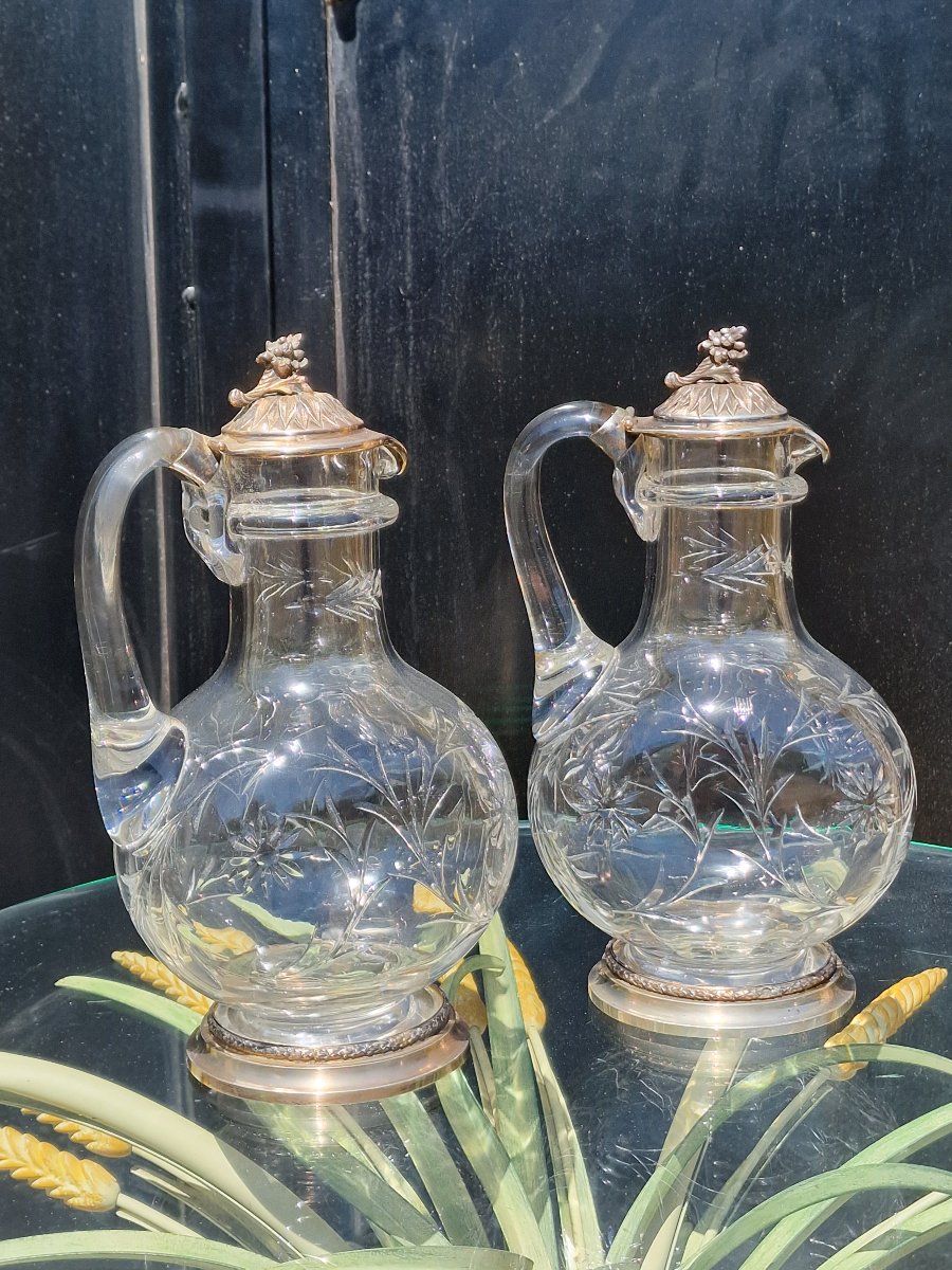 Paire d'aiguières en cristal de Baccarat et monture en argent massif minerve carafes à vin eau-photo-2
