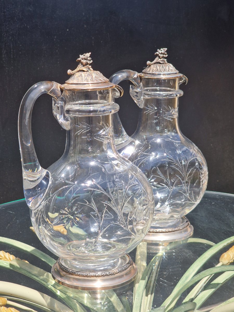 Paire d'aiguières en cristal de Baccarat et monture en argent massif minerve carafes à vin eau-photo-3