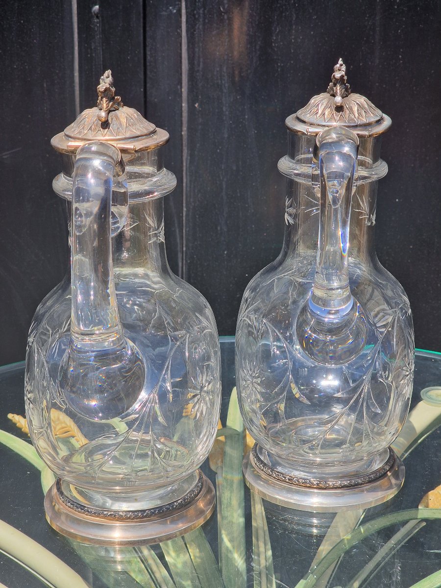 Paire d'aiguières en cristal de Baccarat et monture en argent massif minerve carafes à vin eau-photo-4