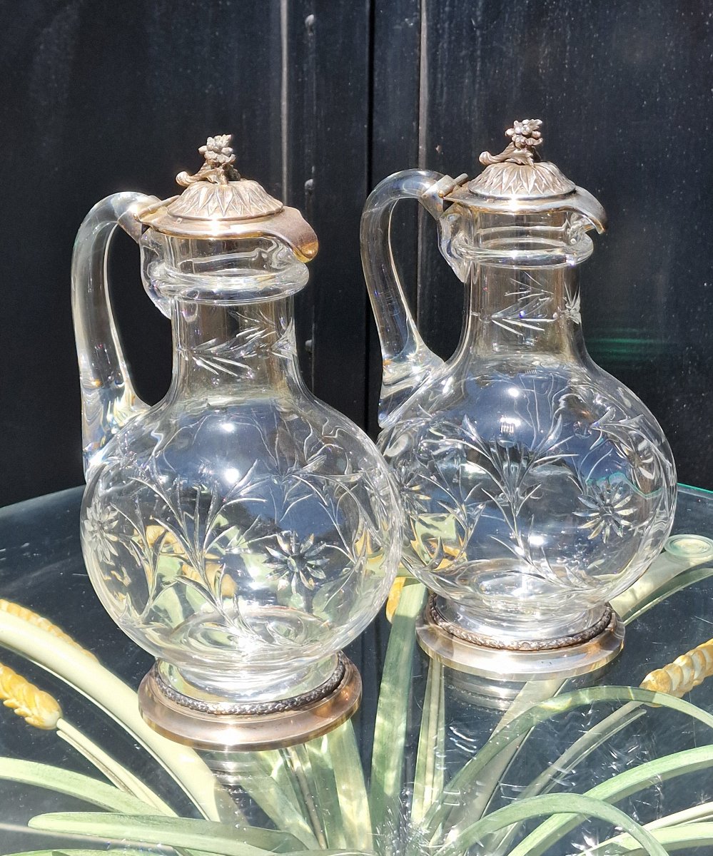 Paire d'aiguières en cristal de Baccarat et monture en argent massif minerve carafes à vin eau-photo-1