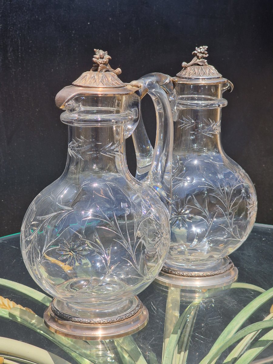 Paire d'aiguières en cristal de Baccarat et monture en argent massif minerve carafes à vin eau-photo-2