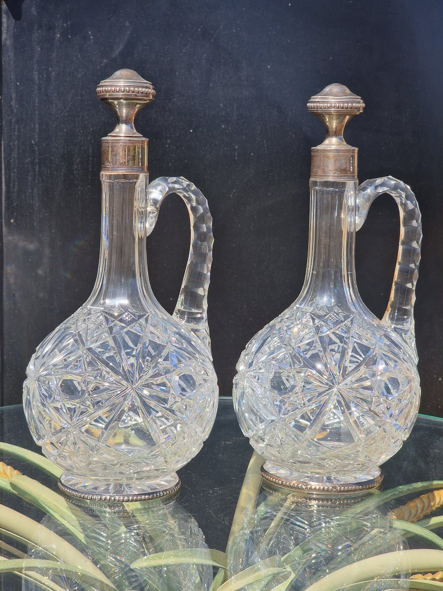 Pair Of Baccarat Crystal Ewers With Solid Silver Bases; Minerve-style Wine And Water Carafes-photo-2