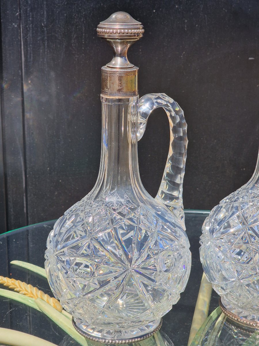 Pair Of Baccarat Crystal Ewers With Solid Silver Bases; Minerve-style Wine And Water Carafes-photo-3
