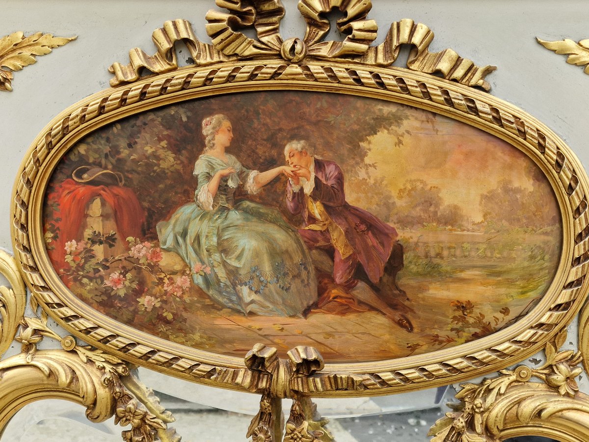 Louis XV–louis XVI-style Trumeau Mirror In Gilded And Painted Wood, Featuring A Painting Of A Romantic Scene-photo-3