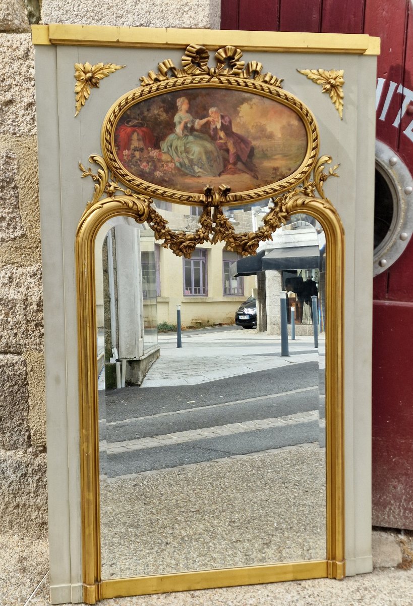 Louis XV–louis XVI-style Trumeau Mirror In Gilded And Painted Wood, Featuring A Painting Of A Romantic Scene-photo-4