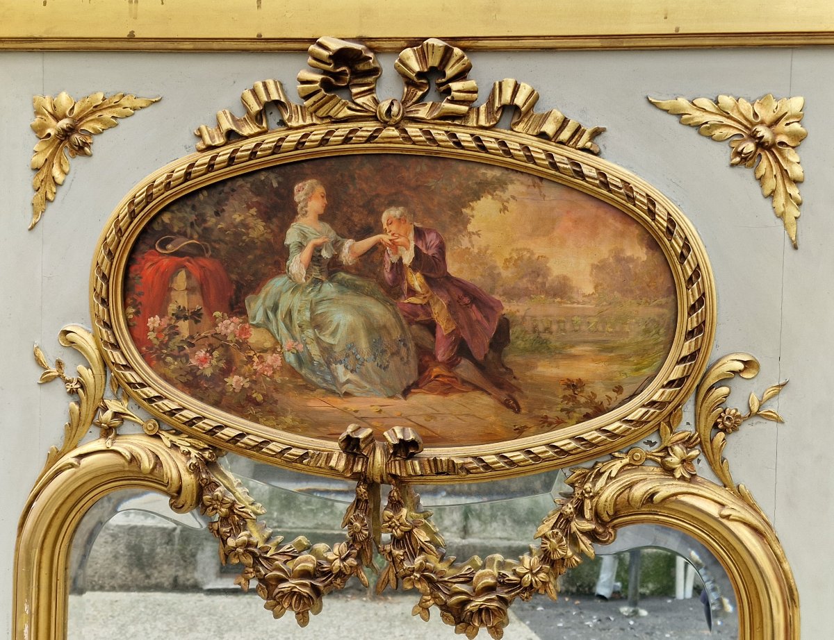 Louis XV–louis XVI-style Trumeau Mirror In Gilded And Painted Wood, Featuring A Painting Of A Romantic Scene-photo-1