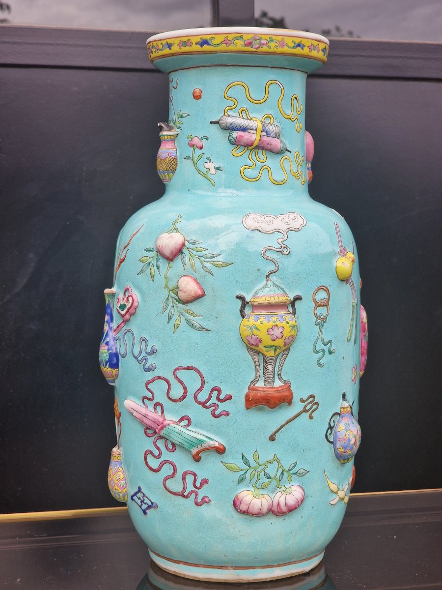 Chinese Porcelain Vase With Relief Depictions Of Antiquities On A Turquoise Background, Guangxu Period, Qing Dynasty-photo-2