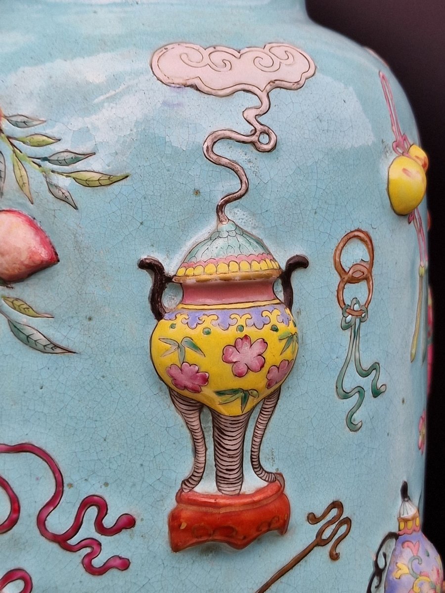 Chinese Porcelain Vase With Relief Depictions Of Antiquities On A Turquoise Background, Guangxu Period, Qing Dynasty-photo-2
