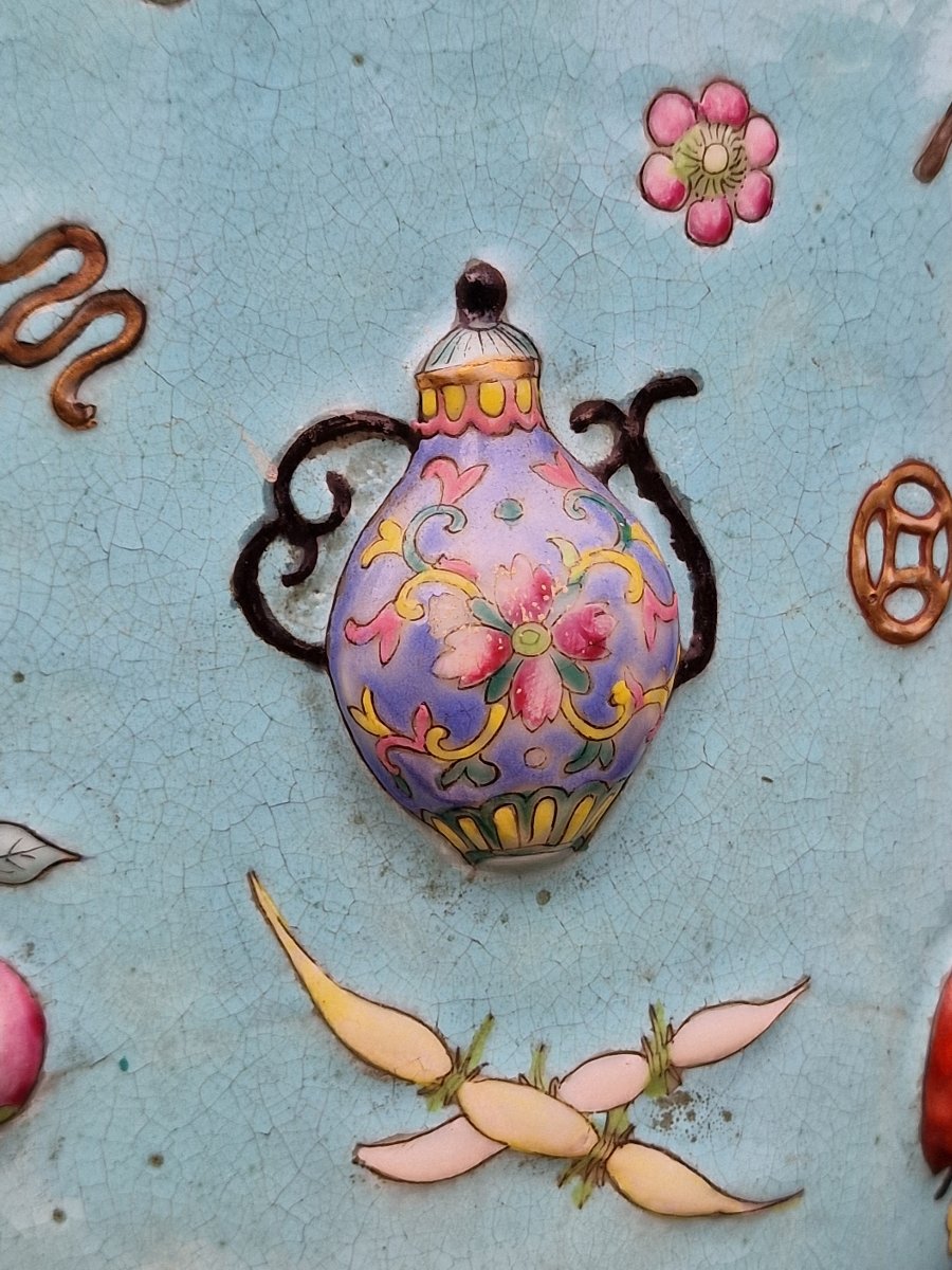 Chinese Porcelain Vase With Relief Depictions Of Antiquities On A Turquoise Background, Guangxu Period, Qing Dynasty-photo-5
