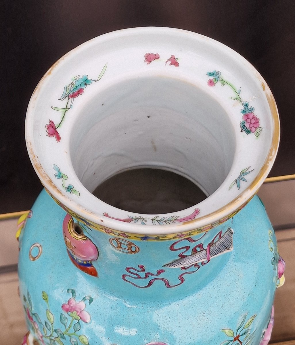 Chinese Porcelain Vase With Relief Depictions Of Antiquities On A Turquoise Background, Guangxu Period, Qing Dynasty-photo-6