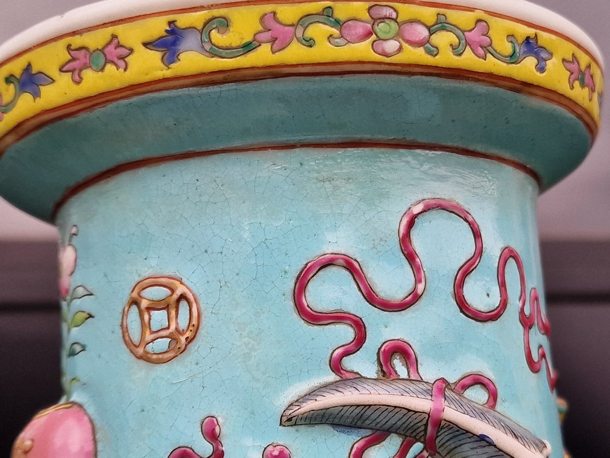 Chinese Porcelain Vase With Relief Depictions Of Antiquities On A Turquoise Background, Guangxu Period, Qing Dynasty-photo-7