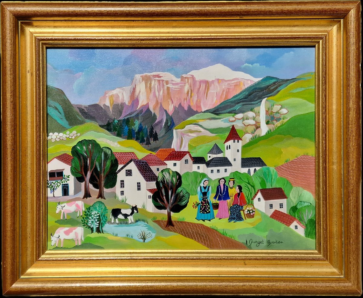 Naïve Art Painting By Irène Darget Bastien, “the Gossips”—a Mountain Landscape With Cows-photo-2