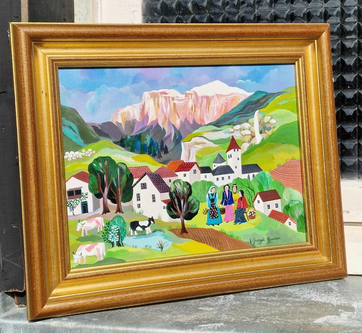 Naïve Art Painting By Irène Darget Bastien, “the Gossips”—a Mountain Landscape With Cows-photo-3