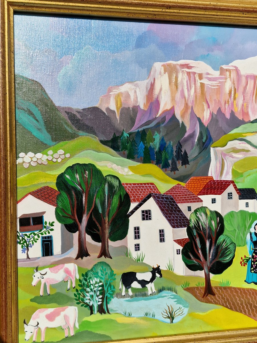 Naïve Art Painting By Irène Darget Bastien, “the Gossips”—a Mountain Landscape With Cows-photo-4