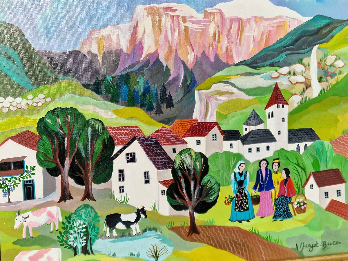 Naïve Art Painting By Irène Darget Bastien, “the Gossips”—a Mountain Landscape With Cows-photo-1