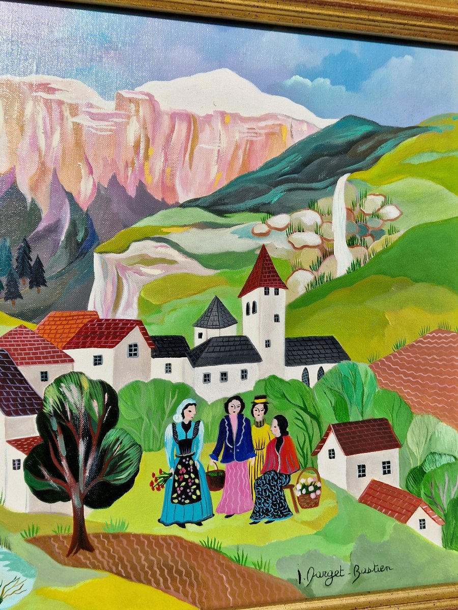 Naïve Art Painting By Irène Darget Bastien, “the Gossips”—a Mountain Landscape With Cows-photo-2