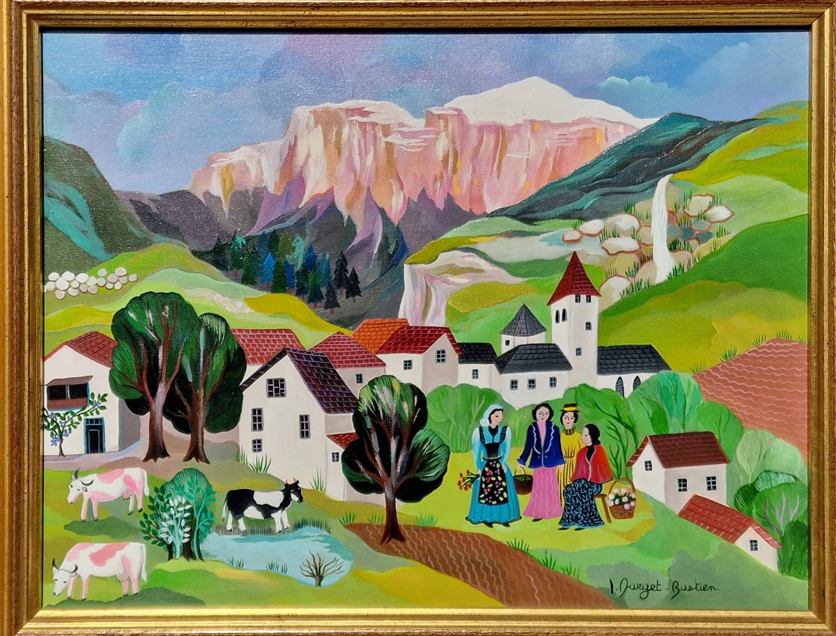 Naïve Art Painting By Irène Darget Bastien, “the Gossips”—a Mountain Landscape With Cows