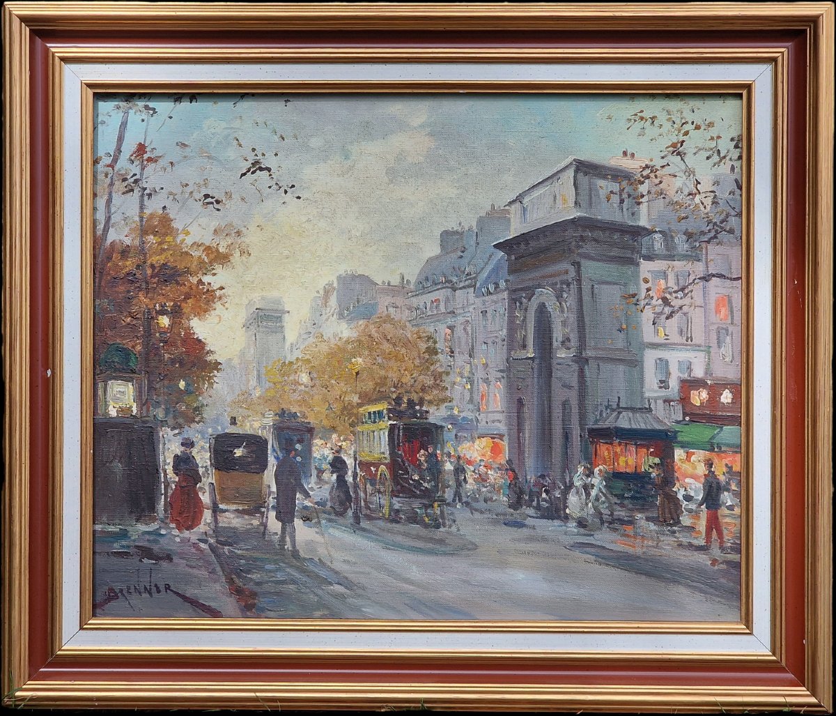 Painting Of Parisian Horse-drawn Carriages In Front Of Porte Saint-martin During The Belle époque, Near The Canal, By Brenner-photo-2