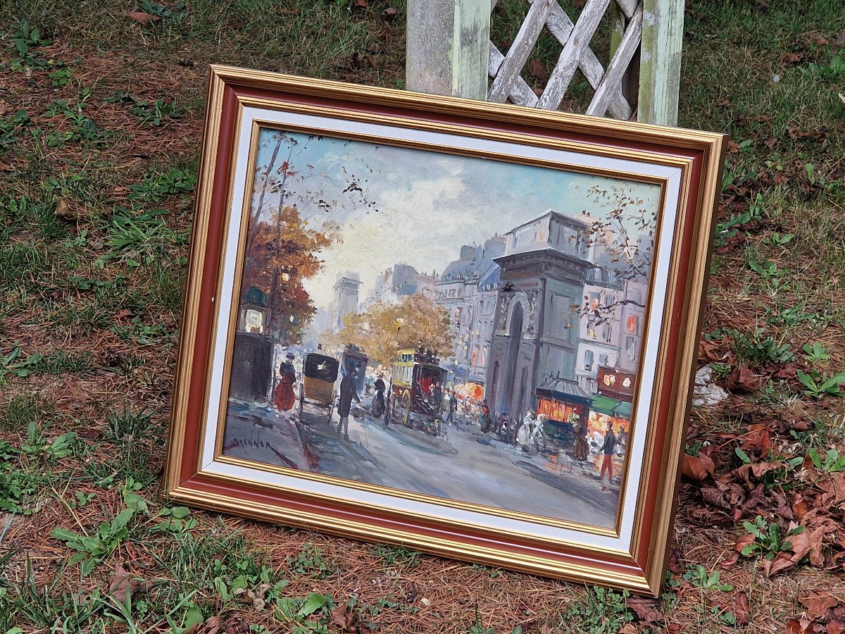 Painting Of Parisian Horse-drawn Carriages In Front Of Porte Saint-martin During The Belle époque, Near The Canal, By Brenner-photo-3
