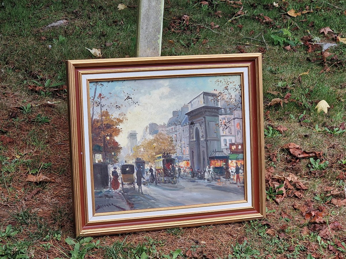 Painting Of Parisian Horse-drawn Carriages In Front Of Porte Saint-martin During The Belle époque, Near The Canal, By Brenner-photo-4