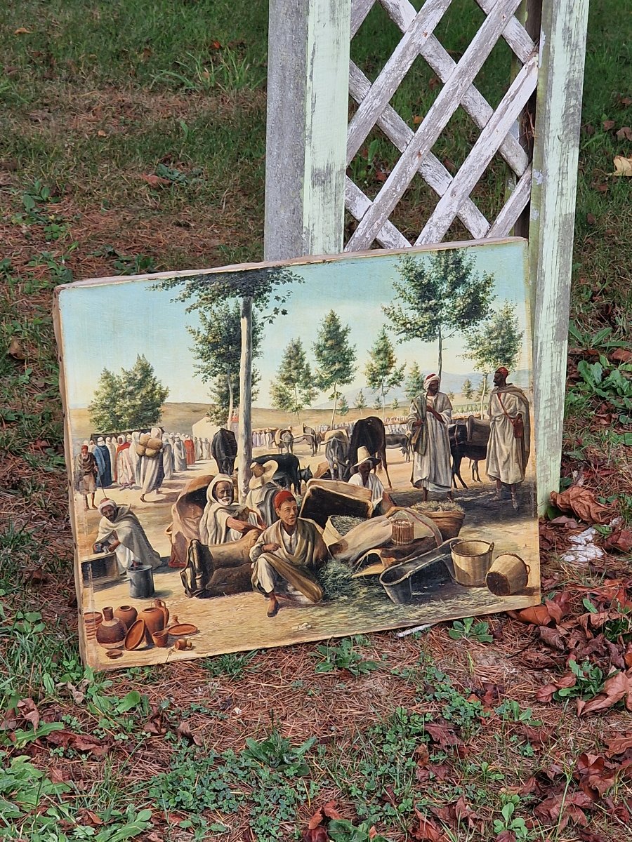 Tableau orientaliste scène de marché en Afrique du Nord par A. Louvel daté 1893-photo-2