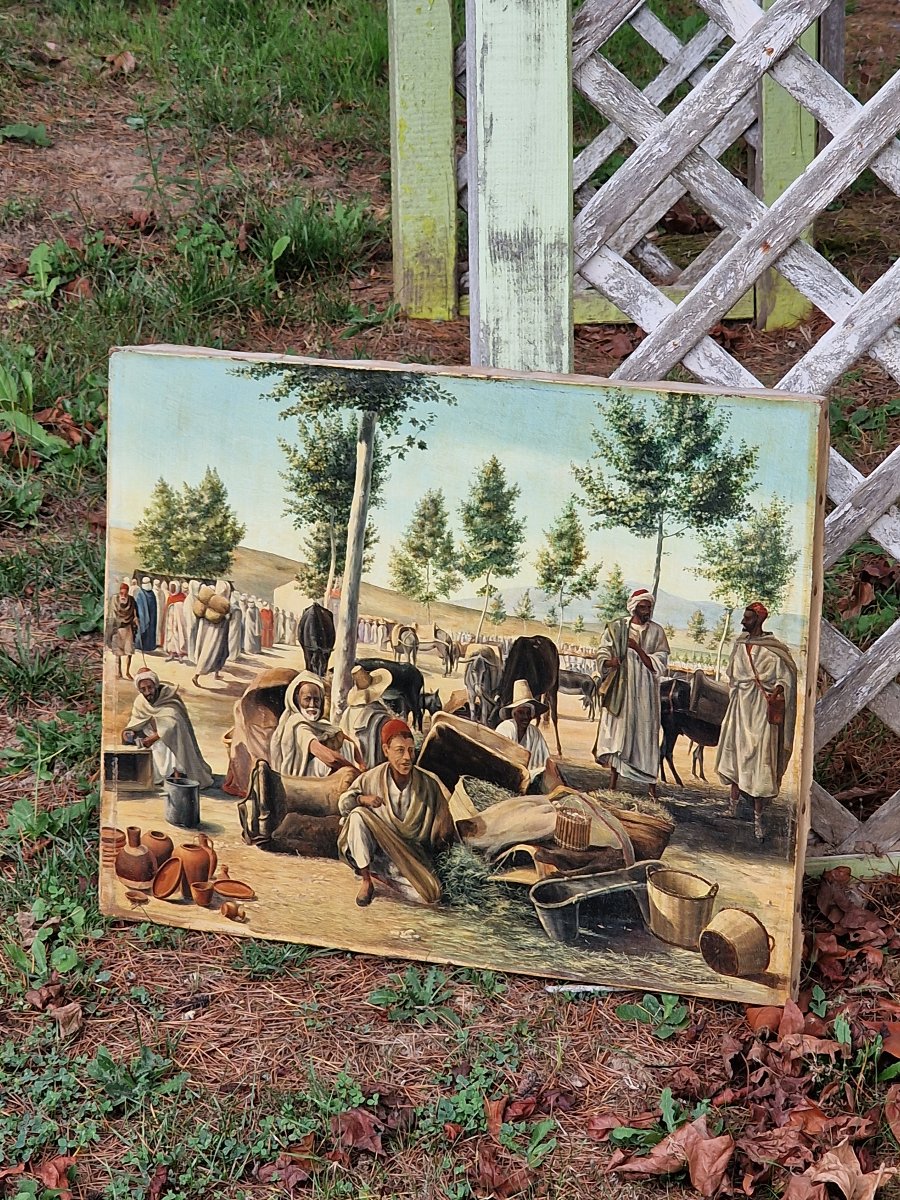 Tableau orientaliste scène de marché en Afrique du Nord par A. Louvel daté 1893-photo-3