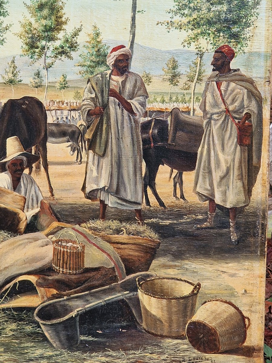 Tableau orientaliste scène de marché en Afrique du Nord par A. Louvel daté 1893-photo-1