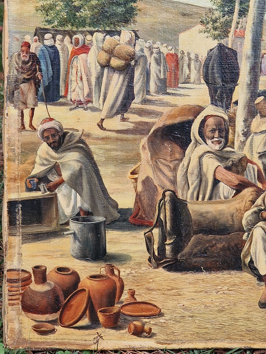 Tableau orientaliste scène de marché en Afrique du Nord par A. Louvel daté 1893-photo-3