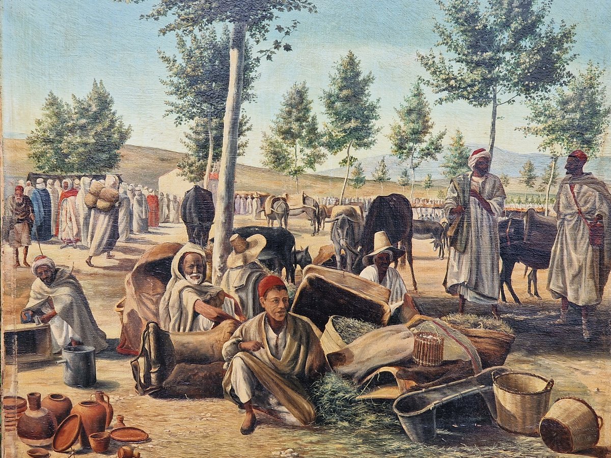 Tableau orientaliste scène de marché en Afrique du Nord par A. Louvel daté 1893
