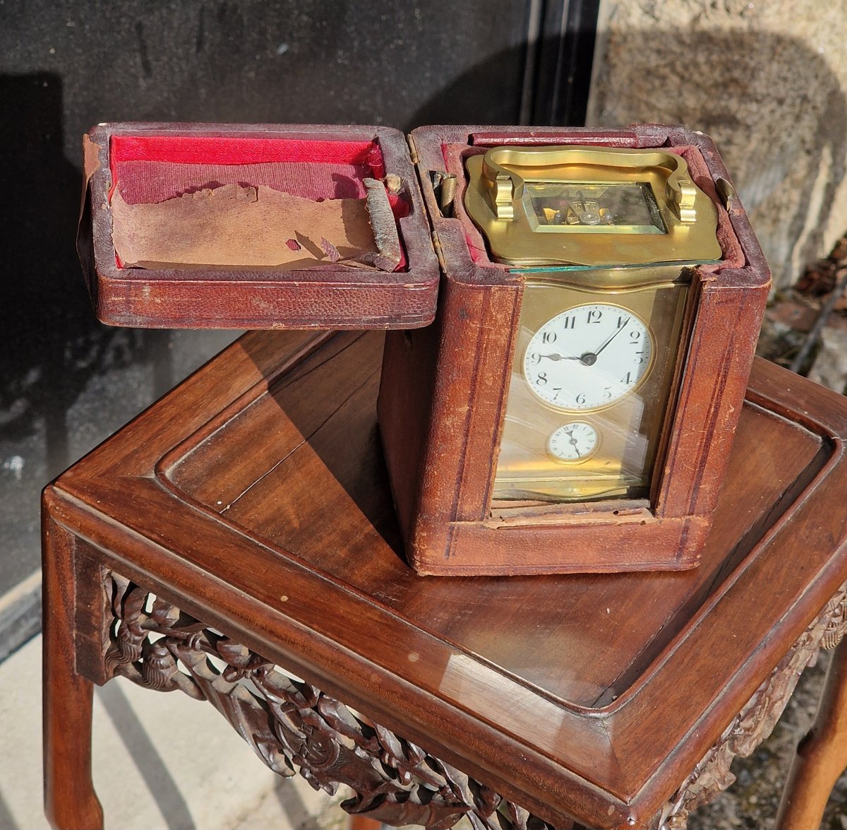 Pendulette d'officier ou réveil de voyage dans son étui sonnerie sur cloche-photo-3