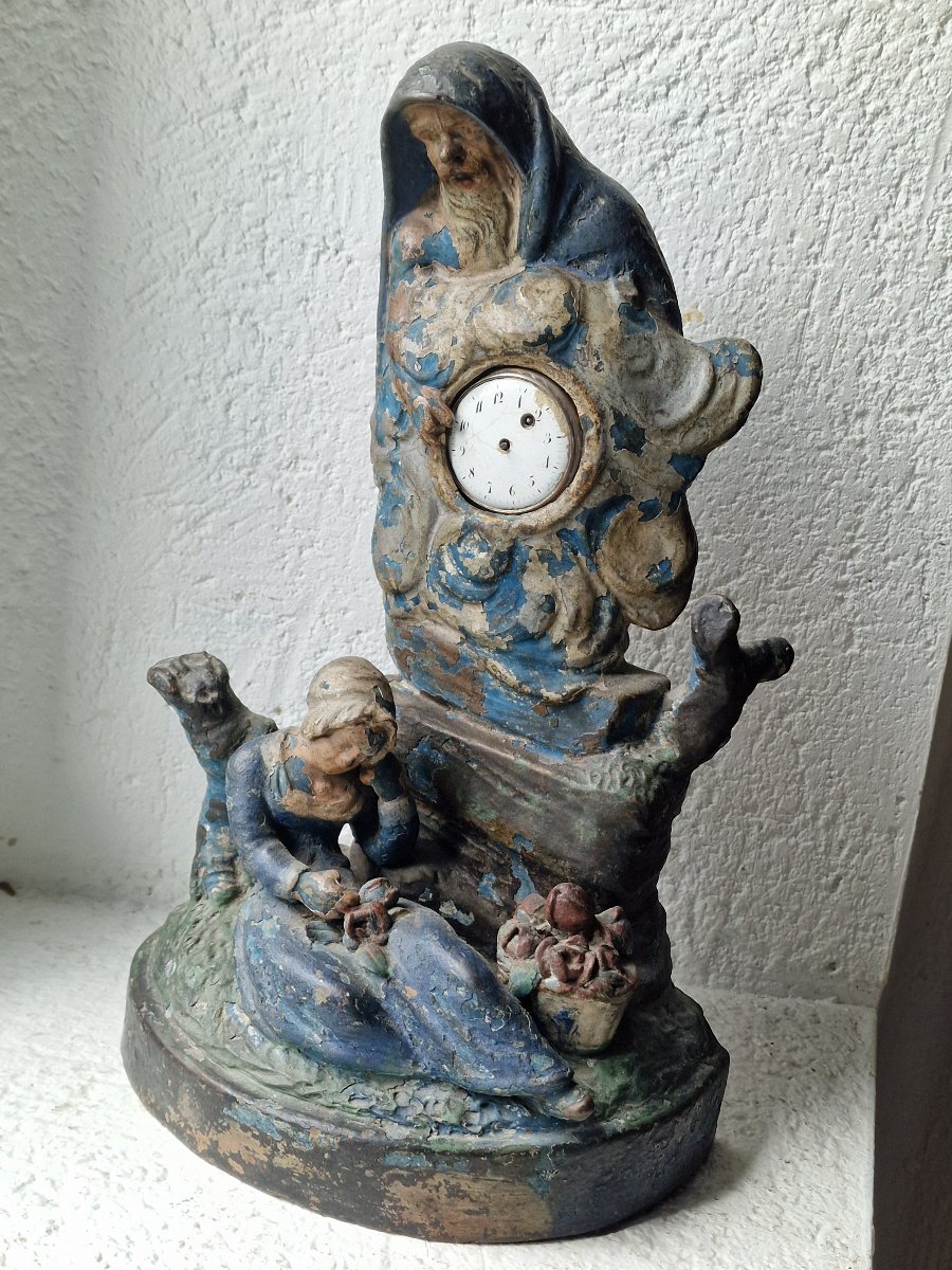 Painted Terracotta Watch Holder Featuring Chronos Watching Over A Sleeping Shepherdess—folk Art-photo-2
