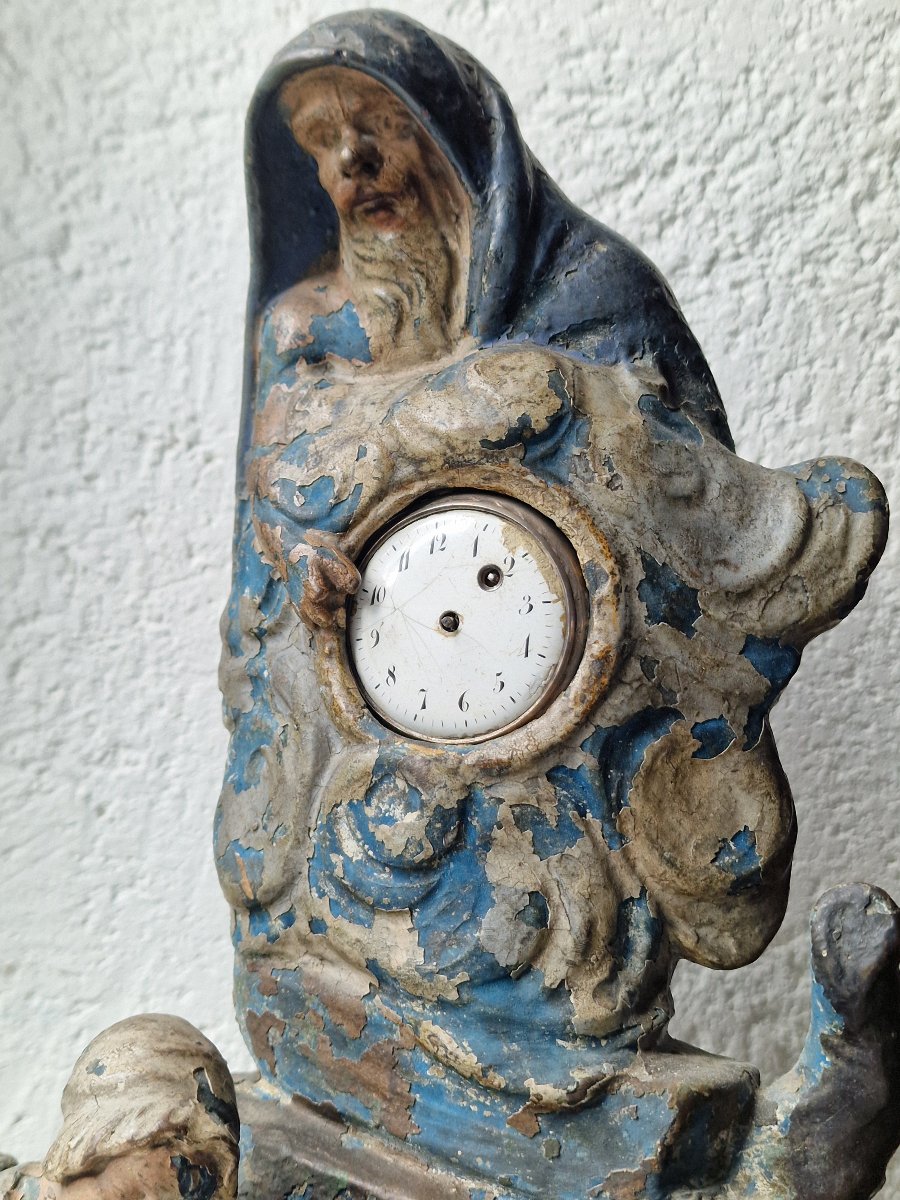 Painted Terracotta Watch Holder Featuring Chronos Watching Over A Sleeping Shepherdess—folk Art-photo-3